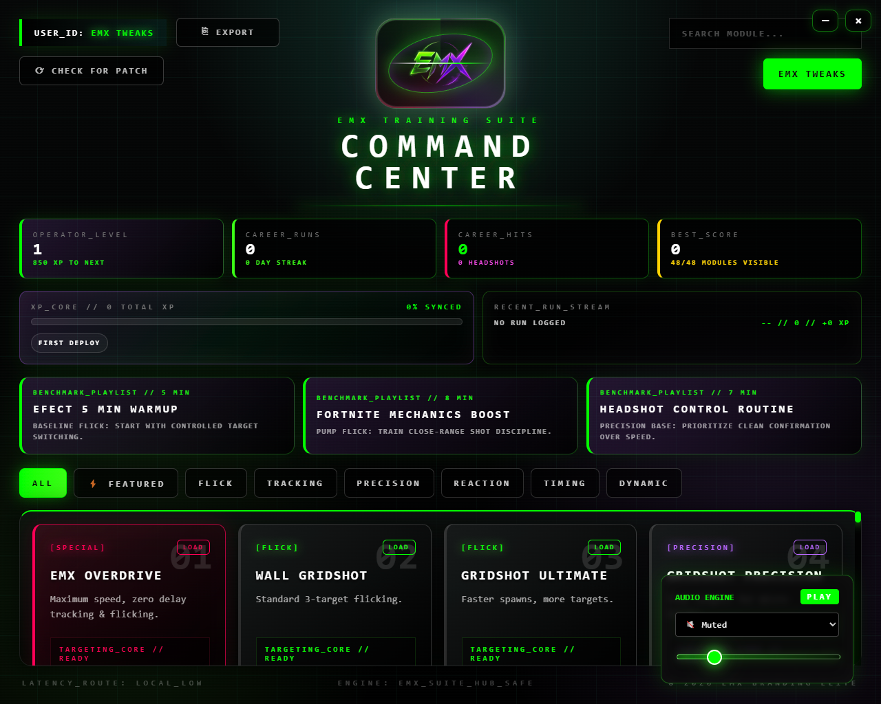 EMX Aim Trainer command center preview